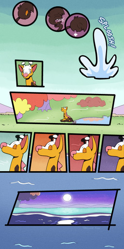 antlers blue_eyes brown_body brown_fur cloven_hooves fur grass holding_breath hooves horn living_tail moon orange_sclera pink_nose plant sharp_teeth solo spikes spikes_(anatomy) sunset tail tail_head teeth tree unusual_anatomy unusual_tail water yellow_body yellow_fur trevor-fox nintendo pokemon kyp_(character) trevor-fox_(character) generation_2_pokemon girafarig pokemon_(species) comic hi_res