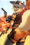 anthro big_breasts big_butt black_body black_countershading breasts butt countershading cowboy eyewear female glasses gun holding_gun holding_object holding_ranged_weapon holding_weapon huge_breasts looking_at_viewer orange_body ranged_weapon revolvers sheriff shootouts smile solo standing tail thick_thighs weapon wide_hips wild_west ninkasi nintendo pokemon emarcanine arcanine canid generation_1_pokemon mammal pokemon_(species) 2:3 absurd_res digital_media_(artwork) hi_res