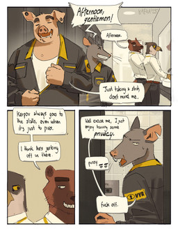 anthro bathroom biped clothing collared_shirt coveralls dialogue dress_shirt group hidden_camera male male_anthro office_clothing office_worker overweight overweight_male piercing public_restroom restroom_stall shirt spy_camera text topwear undressing workplace kafka_(artist) ciro_(kafka) colin_tucker_(kafka) dima_karpov_(kafka) nash_(kafka) avian bird domestic_pig falcon falconid gulonine mammal murid murine mustelid musteline rat rodent suid suine sus_(pig) wolverine comic english_text hi_res