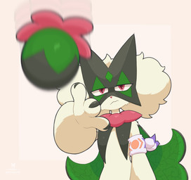 3_fingers ambiguous_gender anthro armband choice_band claws finger_claws fingers flower_trick fluffy fur green_body green_fur looking_at_viewer mouth_closed narrowed_eyes plant simple_background solo standing throwing throwing_object razgrizdl eminem_throw nintendo pokemon rose_(razgrizdl) generation_9_pokemon meowscarada pokemon_(species) 2025 hi_res icon meme reaction_image female_(lore)