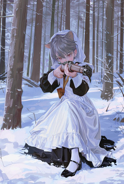 4_ears apron black_clothing black_footwear black_shoes clothed clothed_female clothed_humanoid clothing detailed_background female footwear forest grey_hair gun hair holding_gun holding_object holding_ranged_weapon holding_rifle holding_weapon human_and_animal_ears maid_apron maid_uniform multi_ear plant ranged_weapon red_eyes rifle shoes snow socks solo tree uniform weapon white_apron white_clothing white_footwear white_socks fkey feiqizi_(fkey) animal_humanoid cat_humanoid felid felid_humanoid feline feline_humanoid humanoid mammal mammal_humanoid 2023 hi_res