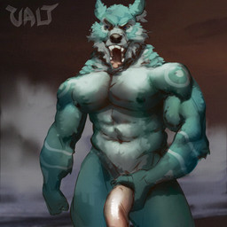 anthro beach blue_eyes claws genitals holding_penis male markings muscular muscular_anthro muscular_male nipples nude penis solo standing teal_body teeth tongue tongue_out vein veiny_penis infovalt canid canine canis mammal wolf 1:1 hi_res signature