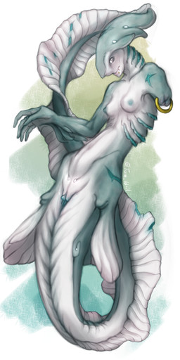 amputee breasts clitoris disability erect_nipples female fin genitals gills grey_body grey_eyes grey_skin missing_arm nipples non-mammal_breasts piercing scar simple_background solo split_form teal_nipples vulva white_background the_gentle_giant aquatic merfolk