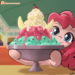 banana banana_split blue_eyes blush bowl cherry container dessert diner female feral food fruit hair ice_cream inside patreon_logo pink_body pink_hair plant restaurant smile solo sprinkles text website_logo lumineko friendship_is_magic hasbro my_little_pony patreon pinkie_pie_(mlp) earth_pony equid equine horse mammal pony 1:1 url