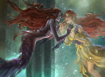 altered_reflection butt clothing dress female gills hair humanoid_pointy_ears long_hair mirror not_furry nude pointy_ears red_hair reflection solo split_form livia_prima hasbro magic:_the_gathering wizards_of_the_coast aquatic human mammal merfolk 2019 official_art