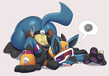 anthro arched_back armband armor ass_up belt big_butt bubble_butt butt butt_from_the_front clothing eyewear fingerless_gloves frustrated fur gloves goggles hair handwear hard_hat headgear helmet lying male narrowed_eyes nude on_front open_mouth solo speech_bubble spikes spikes_(anatomy) teeth thick_thighs tool_belt tools tuft zerpreros nintendo pokemon generation_4_pokemon lucario pokemon_(species) 2025 hi_res pictographics