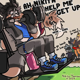 anthro big_dildo black_eyes black_hair blue_clothing blue_footwear blue_jockstrap blue_shirt blue_shoes blue_tank_top blue_topwear blue_underwear clothing dialogue dildo duo_focus exercise footwear fur grey_body grey_fur group gym hair humanoid_dildo jockstrap jockstrap_bulge male open_mouth red_clothing red_shirt red_tank_top red_topwear sex_toy sexercise shirt shoes slim_anthro slim_male socks tank_top text topwear underwear weightlifting white_body white_clothing white_footwear white_fur white_hair white_socks workout nikitayarrow mavi_(nikitayarrow) nikita_(nikitayarrow) canid canine canis felid fox mammal pantherine platinum_fox red_fox tiger true_fox wolf 1:1 2025 english_text hi_res
