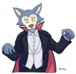 anthro blue_body blue_fur bow_(feature) bow_in_front bow_tie cape claws clothed clothing collared_shirt cosplay costume countershading dress_shirt fangs fur looking_down male shirt simple_background solo suit teeth topwear white_background habiyeru beastars legoshi_(beastars) canid canine canis mammal wolf 2020 half-length_portrait portrait signature