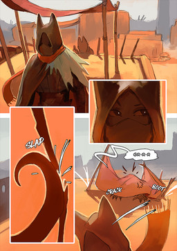ambiguous_gender angry anthro biped building city cloak clothing cross-popping_vein dialogue duo face_in_shadow glistening glistening_eyes hood hood_up ladder mask motion_lines onomatopoeia outside pointy_ears prick_ears rooftop scarf sky sound_effects speech_bubble tail tail_motion text under_cloth juliathedragoncat 2025 comic digital_media_(artwork) digital_painting_(artwork) hi_res painting_(artwork) warm_colors
