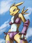 anthro bikini biped black_sclera bulge chest_tuft clothed clothing cloud gynomorph half-closed_eyes intersex looking_at_viewer narrowed_eyes navel open_mouth outside smile solo standing swimwear teeth tongue tongue_out tuft two-piece_swimsuit coszcatl bandai_namco digimon canid canine digimon_(species) mammal renamon hi_res