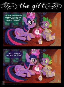 carpet container cup cutie_mark dialogue duo feathered_wings feathers female feral fur hair horn inside magic multicolored_hair pen purple_body purple_eyes purple_fur scroll tail text window wings 1trick friendship_is_magic hasbro my_little_pony mythology spike_(mlp) twilight_sparkle_(mlp) dragon equid equine mammal mythological_creature mythological_equine mythological_scalie scalie winged_unicorn 2015 english_text hi_res
