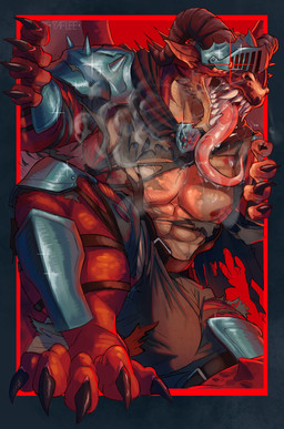 andromorph anthro armor bodily_fluids breaking_the_fourth_wall claws clothing curse feral grin growth horn human_on_anthro intersex interspecies knight male muscular open_mouth red_body red_eyes ripping saliva simple_background smile solo species_transformation tail teeth tongue torn_clothing transformation warrior wings yaflee mythology dragon human mammal mythological_creature mythological_scalie scalie absurd_res hi_res