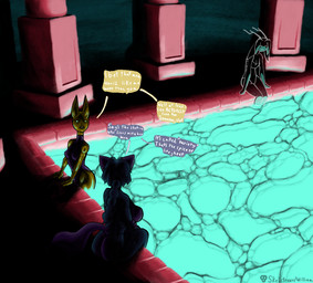 anthro big_breasts blue_body bodysuit breasts butt clothed clothing column female glowing glowing_eyes glowing_water group hair latex latex_clothing latex_skinsuit one-piece_swimsuit ponytail purple_clothing sitting skinsuit slim sling_bikini small_breasts speech_bubble swimming_pool swimwear text tight_clothing translucent trio yellow_latex skeletronic bandai_namco digimon pseudoregalia cassandra_(ozoneserpent) renna_(skeletronic) sybil_(pseudoregalia) anubian_jackal canid canine canis digimon_(species) fox hybrid jackal mammal renamon 2025 cel_shading colored detailed digital_media_(artwork) english_text shaded story