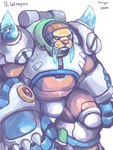 anthro armor biped blue_eyes brown_body brown_nose bulge ice multicolored_body simple_background solo spikes spikes_(anatomy) text tusks white_background white_body kiryu capcom mega_man_(series) weretober frost_walrus mammal marine pinniped reploid walrus 2022 3:4 colored english_text signature