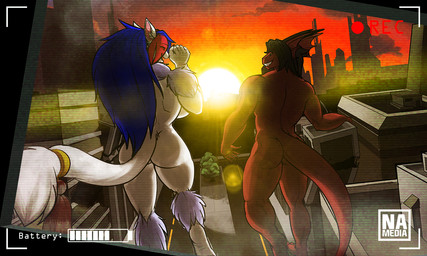 anthro building butt camera camera_view city destruction duo female fur hair macro male muscular nude outside recording road sidewalk smile standing sunset video_camera neosavias canid canine mammal scalie 5:3