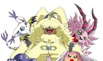 anthro belt blep blue_body blue_eyes blush female fur green_eyes group hair hair_over_eyes long_ears male pink_body pink_fur ponytail_ears smile tongue tongue_out vpet white_body white_fur yellow_body yellow_fur portugueselynx bandai_namco digimon angoramon digimon_(species) gatomon lagomorph leporid magnadramon mammal otamamon piximon rabbit hi_res