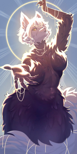 anthro areola big_breasts breasts claws clothed clothing curvy_figure dress extended_hand female female_anthro fluffy fluffy_tail fur halo light looking_at_viewer low-angle_view neck_tuft raised_hand slightly_chubby smile solo tail thick_thighs thread tuft voluptuous voluptuous_anthro voluptuous_female white_body white_fur wide_hips yellow_eyes littleclown hope_(anunusedaccount) canid canine canis mammal wolf absurd_res hi_res