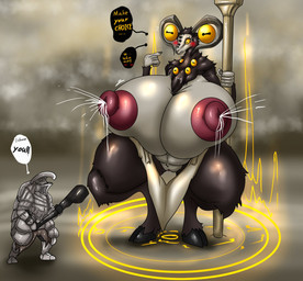 anthro areola armor barely_visible_genitalia barely_visible_vulva big_breasts blush bodily_fluids breasts clothed clothing crossgender crouching curvy_figure duo female fur gender_transformation genitals headgear helmet holding_object holding_weapon hooves horizontal_pupils horn huge_breasts hyper knight lactating larger_female male melee_weapon mtf_transformation multi_eye nipples nude projectile_lactation pupils simple_background size_difference smaller_male speech_bubble staff text thick_thighs transformation voluptuous vulva warrior weapon vf-01s elden_ring elden_ring_nightreign fromsoftware mythology libra_creature_of_night bovid caprine caprine_demon demon goat human mammal mythological_creature 2025 hi_res