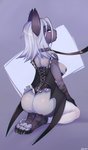 anthro breasts claws clothed clothing collar corset feet female fur grey_body grey_hair hair leash legwear lingerie looking_at_viewer nipples paws piercing simple_background solo stockings toe_claws toes topwear white_body white_fur winged_arms wings chilllum spirale viola_(roadkilla12) bat mammal digital_media_(artwork) hi_res