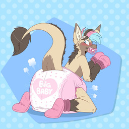 ambiguous_gender anthro big_diaper blue_hair blush blush_lines bodily_fluids bondage_gear bondage_gloves booties brown_body brown_ear_tips brown_fur brown_hair brown_spots clean_diaper clothing cloud_emanata cut_horn diaper diaper_puff dipstick_ears dotted_background ear_markings emanata footwear fur gloves_(marking) hair handwear heart_clothing heart_diaper heart_symbol heart_underwear kneeling leg_markings looking_back markings mohawk multicolored_ears multicolored_hair object_in_mouth pacifier pacifier_in_mouth pattern_background pink_clothing pink_footwear pink_hair pink_handwear pink_pacifier rear_view simple_background socks_(marking) solo spots spotted_body spotted_face spotted_fur sweat tail tail_tuft tan_inner_ear text text_on_diaper tuft underwear wavy_mouth jupiters mythology daki_(poofbuttrocky) dragon furred_dragon furred_scalie hybrid hyena mammal mythological_creature mythological_scalie scalie 1:1 english_text full-length_portrait hi_res portrait