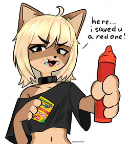 anthro blonde_hair clothing collar crayon eating eating_crayon female hair looking_at_viewer midriff open_mouth shirt simple_background solo tank_top text topwear white_background dogfailureowo crayola hana_(dogfailureowo) canid canine canis domestic_dog mammal english_text hi_res meme