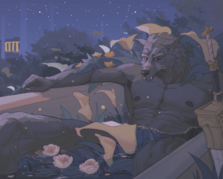 abs anthro bathing biped claws facial_scar fangs finger_claws fur grey_body grey_fur male male_anthro melee_weapon muscular muscular_anthro muscular_male nipples pecs scar solo sword teeth weapon eruprior elden_ring fromsoftware blaidd_(elden_ring) canid canine canis mammal wolf 2026 digital_media_(artwork) hi_res