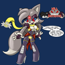ambiguous_gender anthro big_breasts black_clothing black_latex blue_sclera boots breasts clothed clothed_anthro clothed_female clothing cybernetic_arm cybernetic_limb dialogue duo female footwear forehead_gem gem glowing glowing_eyes grey_body grey_hair hair high_heeled_boots high_heels latex latex_clothing long_hair possession red_eyes shoes speech_bubble tail text chaoscroc eggman_empire eggman_logo sega sonic_the_hedgehog_(series) trojanbot_(chaoscroc) canid canine fox mammal 2025 alpha_channel english_text hi_res