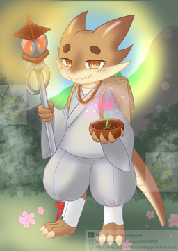 2_horns 3_toes 4_fingers anthro asian_clothing backpack beaded_jewelry beaded_necklace beads biped bowl cheek_spikes claws clothed clothed_anthro clothed_male clothing container detailed_background digitigrade east_asian_clothing facial_spikes feet fingers flower holding_bowl holding_container holding_object holding_staff horn jewelry logo male male_anthro monk necklace outside plant prayer_beads religion robe shrub solo spikes spikes_(anatomy) staff standing tail text toe_claws toes white_clothing bamangojuice buddhism kobold scalie 2026 absurd_res artist_logo artist_name chinese_description digital_media_(artwork) hi_res url watermark