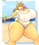 anthro beach big_breasts breasts clothing curvy_figure dessert female food ice_cream mature_anthro mature_female seaside smile solo thick_thighs voluptuous wet wet_clothing wide_hips nicolaowo june_(jinu) canid canine canis domestic_dog mammal 2021 hi_res