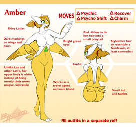 biped breasts brown_hair butt claws closed_smile exclamation_point featureless_breasts featureless_crotch female front_view green_eyes hair logo mouth_closed nude pupils rear_view red_text smile solo standing text white_sclera wings yellow_body latiar nintendo pokemon amber_(latiar) generation_3_pokemon humanoid latias legendary_pokemon pokemon_(species) shiny_pokemon artist_logo english_text hi_res model_sheet