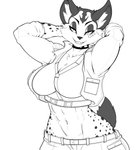 2021 anthro bandage bedroom_eyes big_breasts breasts cleavage clothed clothing collar danonymous felid feline female fur grin hands_behind_head hi_res jacket lynx mammal markings midriff miyu_(star_fox) monochrome narrowed_eyes navel nintendo seductive smile solo spiked_collar spikes spots spotted_body spotted_fur star_fox thick_thighs topwear