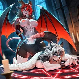 abs animal_genitalia animal_penis anthro bat_wings bodily_fluids breasts butt clothing costume cuff_(restraint) dripping duo equine_genitalia equine_penis feathered_wings feathers female female/female genital_fluids genitals gynomorph halloween_costume halloween_decoration holidays intersex kneeling leaking_precum membrane_(anatomy) membranous_wings muscular muscular_female nipple_piercing nipples penis piercing precum precum_drip restraints shackled_wrists shackles slap_mark smirking_at_partner wings agrixxx halloween angel bovid canid canine canis caprine caprine_demon demon domestic_dog goat goat_demon husky mammal nordic_sled_dog spitz 1:1 hi_res