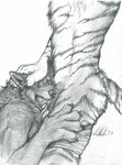 ambiguous_gender anthro claws clothing duo hand_on_head hand_on_leg hand_on_thigh hypnosis male mind_control nose_wrinkle oral paws ringed_eyes teeth teeth_showing tongue tongue_out underwear vellum canid canine canis felid feline mammal pantherine tiger wolf graphite_(artwork) pencil_(artwork) traditional_media_(artwork)