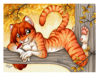 4_toes anthro arm_tuft bangs border branch breast_squish breasts brown_hair brown_markings brown_stripes butt cheek_tuft closed_smile countershade_breasts countershade_face countershade_fur countershade_torso countershading eyelashes facial_tuft feather_in_mouth feet female female_anthro fingers fur fur_markings fur_tuft glistening glistening_eyes gloves_(marking) gradient_hair green_eyes hair hair_between_eyes heel_pad hindpaw humanoid_heel in_tree inner_ear_fluff iris leaf leg_markings long_hair long_tail looking_at_viewer loose_feather lying lying_on_branch markings medium_breasts mouth_closed multicolored_body multicolored_fur multicolored_hair nude nude_anthro nude_female on_branch on_front orange_body orange_ears orange_fur orange_hair orange_markings orange_stripes orange_tail orange_tuft pawpads paws pink_inner_ear pink_nose pink_pawpads plant plantar_flexion plantigrade plantigrade_pawpads pose pupils raised_tail shoulder_tuft side_view slim slim_anthro slim_female smile smiling_at_viewer socks_(marking) solo squish striped_body striped_fur stripes tail tally_marks tasteful_nudity toes tree tuft two_tone_hair western_tally_marks white_body white_border white_breasts white_countershading white_feet white_fur white_hands white_inner_ear_fluff white_sclera white_tuft wood michele_light domestic_cat felid feline felis mammal 2014 english_description full-length_portrait low_res portrait shaded signature traditional_media_(artwork)