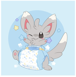 ambiguous_gender big_diaper blue_background blush blush_stickers border chest_tuft clean_diaper clothed clothing cloud_emanata diaper diaper_only diaper_puff dipstick_ears dipstick_tail ear_markings emanata feral front_view fur grey_body grey_ears grey_fur grey_inner_ear_fluff grey_tail head_tuft huge_diaper inner_ear_fluff markings multicolored_body multicolored_ears multicolored_fur on_one_leg one_eye_closed pink_inner_ear simple_background smile solo standing tail tail_markings topless tuft two_tone_body two_tone_ears two_tone_fur two_tone_tail wearing_diaper white_body white_border white_ear_tips white_fur white_tail_tip jupiters nintendo pokemon generation_5_pokemon minccino pokemon_(species) full-length_portrait hi_res portrait