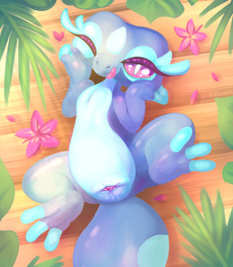 3_toes animal_genitalia blue_body blue_feet blue_skin bodily_fluids claws cloaca cloaca_juice feet female female_feral feral flower genital_fluids genitals half-closed_eyes horizontal_cloaca lying mouth_closed multicolored_body multicolored_skin narrowed_eyes on_back one_eye_closed outside pink_eyes plant presenting presenting_cloaca solo spread_legs spreading toes tongue tongue_out two_tone_body two_tone_skin vulva wink patohoro nintendo pokemon pokemon_winds_and_waves gecqua generation_10_pokemon pokemon_(species) reptile scalie 2026 absurd_res hi_res