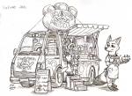 anthro apron clothing commercial_vehicle delivery_(commerce) delivery_vehicle dessert female food food_truck group ice_cream male medium_truck multi-stop_van pawpsicle popsicle simple_background text truck_(vehicle) van vehicle white_background young young_anthro kit-ray-live disney zootopia finnick_(zootopia) nick_wilde canid canine fennec_fox fox mammal red_fox true_fox english_text graphite_(artwork) greyscale monochrome traditional_media_(artwork)