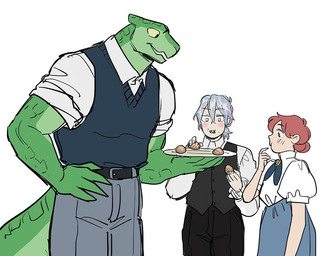 anthro belt bottomwear clothing eating eating_food female green_body group hair male pants plate shirt skirt tail topwear trio vest starfleetrambo mythology ollie_(spirit_bathouse) zagredos_(spirit_bathouse) dragon human mammal mythological_creature mythological_scalie scalie