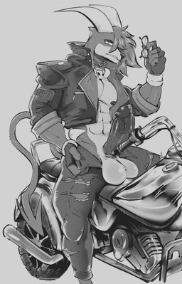 abs anthro balls biker bodily_fluids bottomwear clothing erection genital_fluids genitals hair humanoid_genitalia humanoid_penis jacket leather male motorcycle nipples pants penis precum simple_background sitting solo tail topwear vehicle darkluxia nintendo pokemon canid canine generation_2_pokemon houndoom mammal pokemon_(species) hi_res monochrome