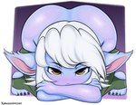 ass_up big_butt blush brown_eyes butt clothing colored_nails eyelashes female front_view green_clothing green_legwear hair humanoid_pointy_ears legwear legwear_only looking_at_viewer nails not_furry pointy_ears purple_background purple_nails short_hair simple_background solo thick_thighs white_background white_hair wide_hips madmanart league_of_legends riot_games tencent tristana_(lol) yordle hi_res
