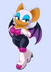 anthro bat_wings big_breasts boots breasts cleavage clothed clothing clothing_pull female footwear green_eyes high_heeled_boots high_heels looking_aside membrane_(anatomy) membranous_wings shoes simple_background solo standing topwear topwear_pull wings four-pundo sega sonic_the_hedgehog_(series) rouge_the_bat bat mammal 2024 absurd_res hi_res