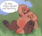 armpit_hair balls beard belly big_belly blush body_hair facial_hair genitals grass hooves horn male mature_male moobs navel nipples nude overweight penis plant pottery smile solo spread_legs spreading text blueballs humanoid satyr english_text hi_res