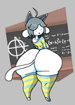 4_ears :3 anthro big_butt black_eyes black_nose blush blush_lines bottomless butt chalkboard clothed clothing eyebrows female grey_hair grey_inner_ear hair huge_butt legwear long_tail looking_at_viewer looking_back looking_back_at_viewer math multi_ear open_mouth pattern_clothing rear_view shirt short_hair solo striped_clothing stripes tail thigh_highs topwear white_ears white_tail 4four44 undertale undertale_(series) temmie_(undertale) canid canine canis domestic_cat domestic_dog felid feline felis hybrid mammal monster tem