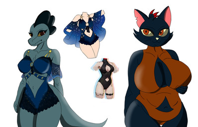anthro big_breasts bikini breasts clothed clothing duo female hair one-piece_swimsuit red_eyes simple_background swimwear tail thick_thighs two-piece_swimsuit alessandrasnek night_in_the_woods bea_santello mae_borowski crocodile crocodilian domestic_cat felid feline felis mammal reptile scalie 14:9 absurd_res digital_media_(artwork) hi_res