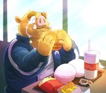 anthro belly big_belly bodily_fluids burger crying eating eyes_closed food fries humanoid_hands kemono male overweight overweight_male sitting solo tears n_gata21 mammal suid suina sus_(pig) wild_boar 2022