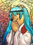 anthro blue_hair brown_eyes christianity clothed clothing crown_of_thorns dorime fur hair halo humanoid_hands looking_at_viewer male praying religion robe solo stained_glass tan_body tan_fur whiskers yuzuhitsuji dogelore vocaloid cheems doge hatsune_miku canid canine canis domestic_dog mammal shiba_inu spitz 2020 lol_comments meme