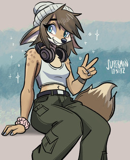 anthro beanie blue_eyes bottomwear brown_hair cargo_pants clothing colored_nails electronics female gesture hair hand_gesture hat headgear headphones headwear nails pants shirt solo tail tank_top topwear v_sign superman175172 canid canine fox mammal absurd_res hi_res