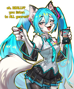 5_fingers accessory anthro biped blue-eys blue_hair blush bottomwear breasts cellphone claws clothed clothed_anthro clothed_female clothing ear_piercing electronics female finger_claws fingers front_view fully_clothed fully_clothed_anthro fully_clothed_female fur hair handpaw headphones holding_cellphone holding_object holding_phone legwear necktie open_mouth open_smile paws phone piercing shirt simple_background skirt smile solo tail thigh_highs tongue topwear white_background white_body white_fur white_tail praquina vocaloid yamaha_corporation hatsune_miku canid canine fox mammal 2026 absurd_res digital_drawing_(artwork) digital_media_(artwork) hi_res