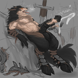 abs animal_genitalia animal_penis anthro armor aroused balls big_balls big_penis bodily_fluids breath claws cum cumshot dripping ejaculation equine_genitalia equine_penis flared_penis genital_fluids genitals greatsword hooves huge_balls huge_penis male masturbation melee_weapon mismatched_genitalia mismatched_penis muscular muscular_male panting pecs penile penis precum precum_drip solo sword throbbing throbbing_penis weapon laobai bai_(laobai) canid hybrid mammal 1:1 absurd_res hi_res