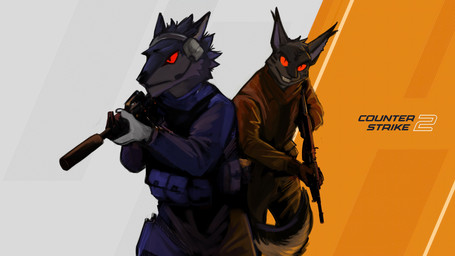 anthro blue_body blue_fur clothed clothing duo fur grey_body grey_fur grin gun holding_gun holding_object holding_ranged_weapon holding_weapon male mouth_closed narrowed_eyes ranged_weapon red_eyes smile standing text weapon acidic counter-strike cid_(acidic) rezno canid canine domestic_cat felid feline felis hybrid mammal sergal 16:9 4k absurd_res english_text hi_res widescreen